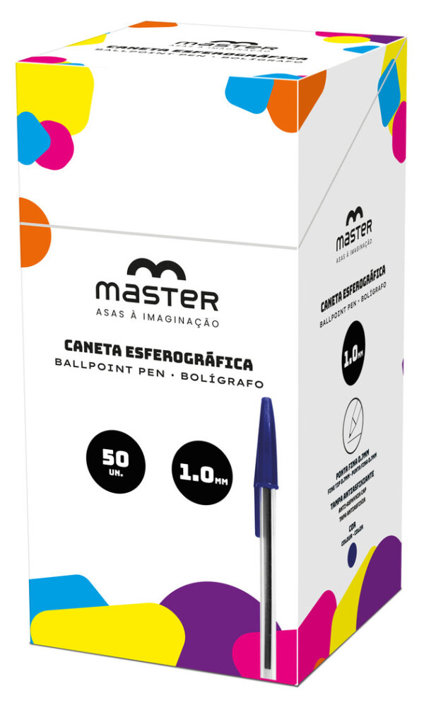 CANETA ESFEROGRÁFICA TRANSPARENTE AZUL - PONTA MÉDIA 1.0MM - CX 50UN