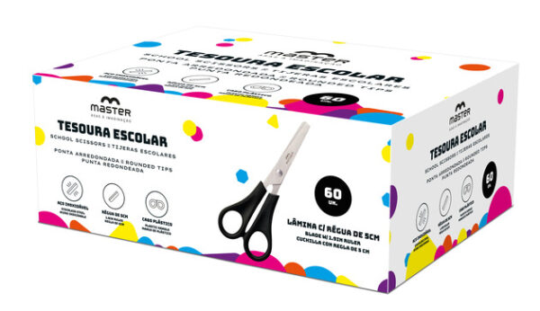 TESOURA ESCOLAR PRETA - C/ RÉGUA - CX 60UN